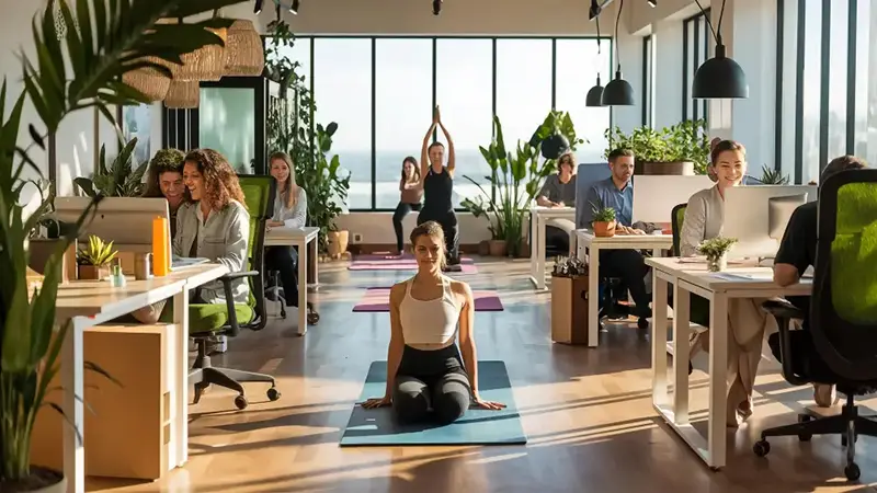 Office employees practicing wellness techniques in modern workspace